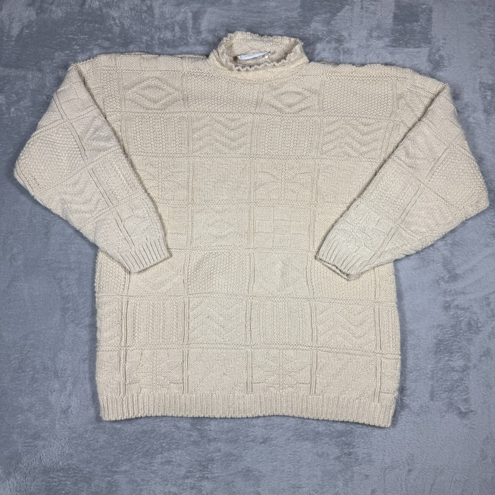Vtg Knit Street Sweater Women 2X Ivory Rolled Mock 80s Textured Geometric